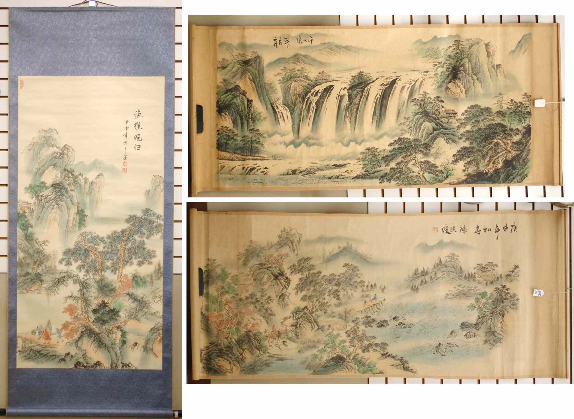 Appraisal: THREE CHINESE HAND PAINTED SCROLLS the first a mountain landscape