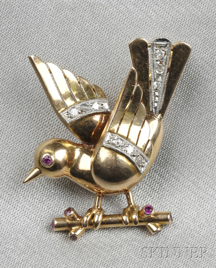 Appraisal: Retro kt Gold Ruby and Diamond Bird Brooch set with