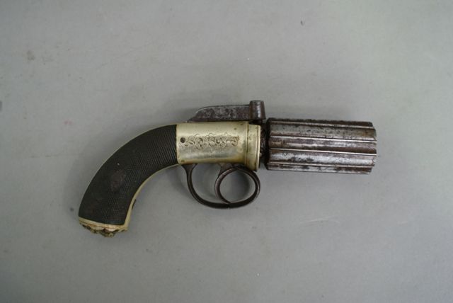 Appraisal: An English shot pepperbox inch barrel caliber Birmingham contract with