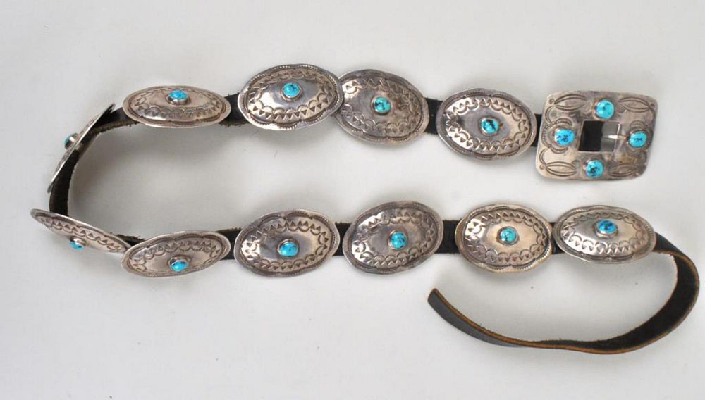 Appraisal: Vintage Large Silver Turquoise Concho Belt with nice stampwork set