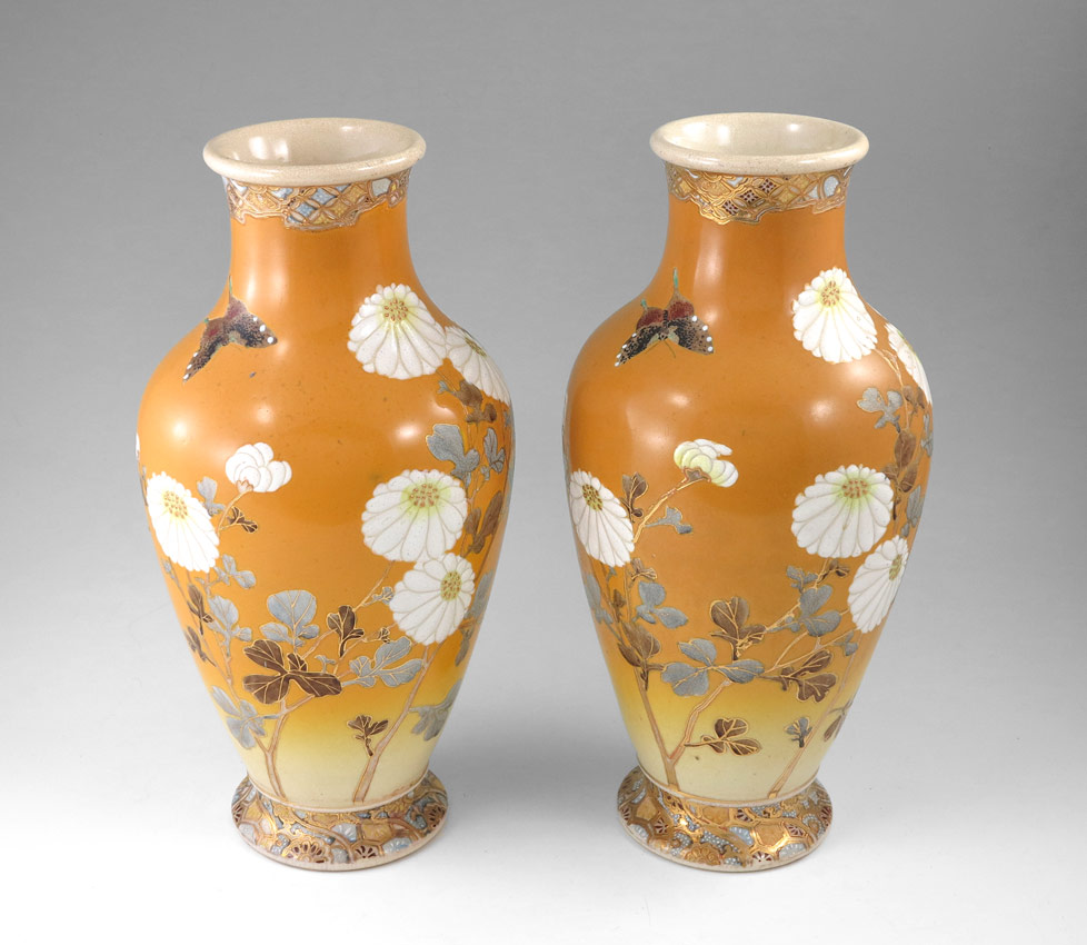 Appraisal: PAIR SATSUMA VASES Mustard yellow ground which gradients to yellow