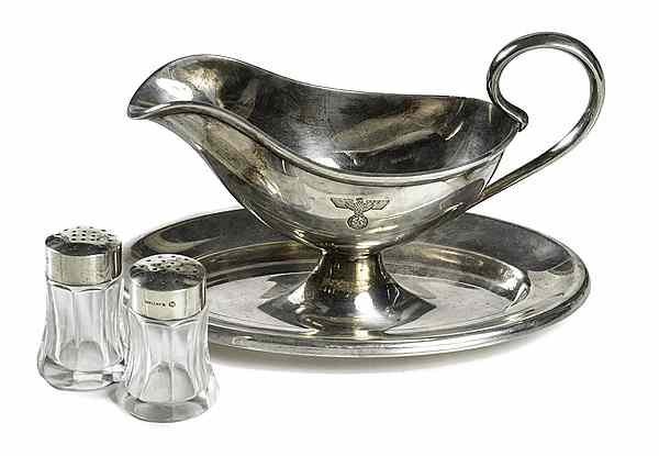 Appraisal: German WWII Silver-Plated Army Gravy Bowl and Salt Pepper Shaker