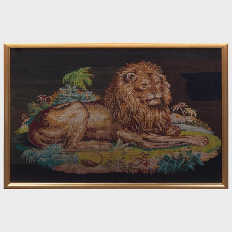 Appraisal: Large Needlework Panel of a Lion ft x ft in