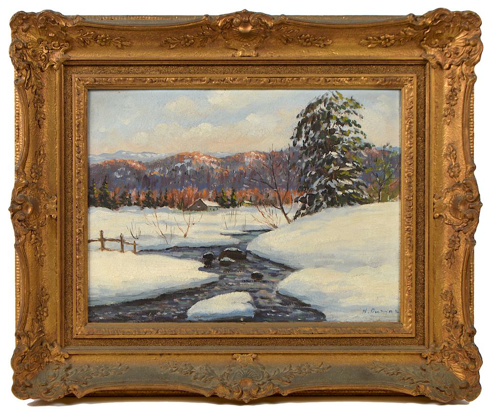 Appraisal: H Dumas 'Winter Landscape' O B Stream in winter landscape