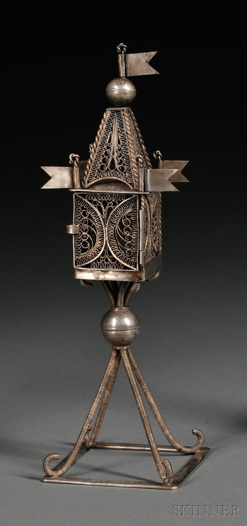 Appraisal: Czechoslovakian Silver Filigree Tower-form Besamim Box Spice Container maker's mark