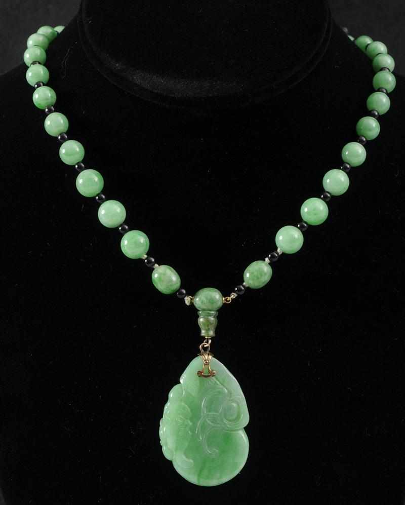 Appraisal: THREE JADE NECKLACES AND TWO PAIRS OF JADE EARRINGS Longest