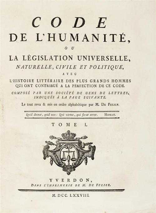 Appraisal: DE FELICE Fortunato Bartolomeo - Code de l'humanit ou la