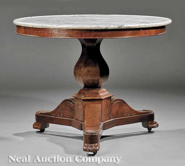 Appraisal: A French Restauration Carved Mahogany Center Table c circular marble