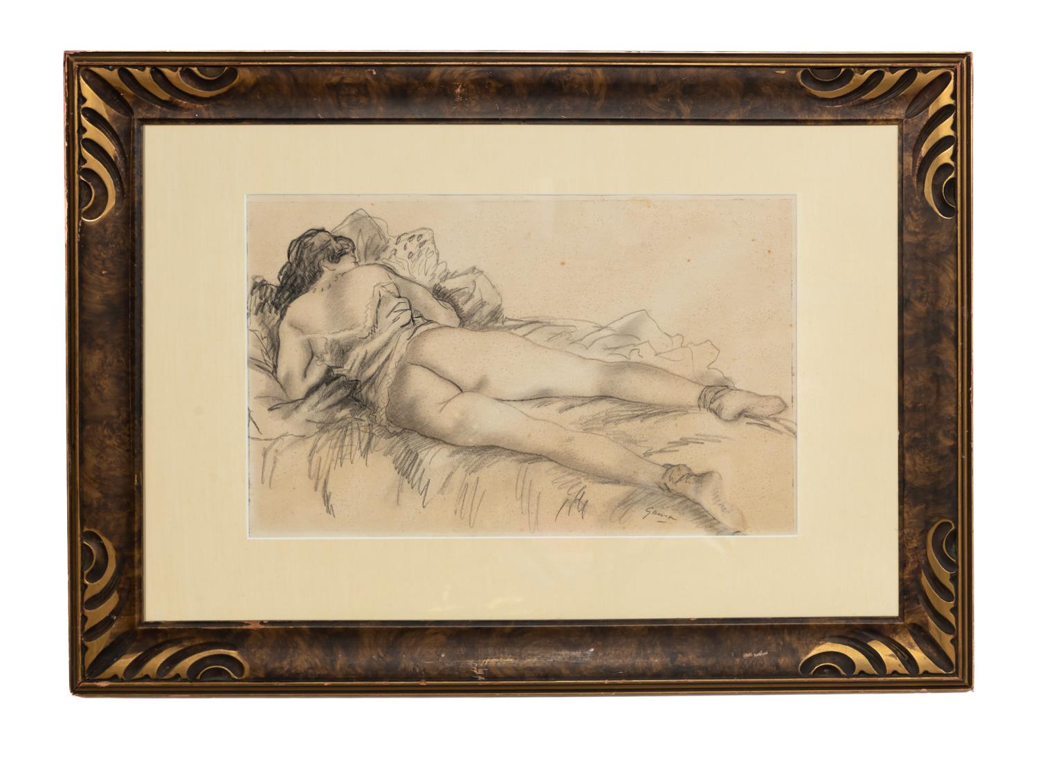 Appraisal: EMIL GANSO RECLINING NUDE FIGURAL CHARCOAL Emil Ganso German American