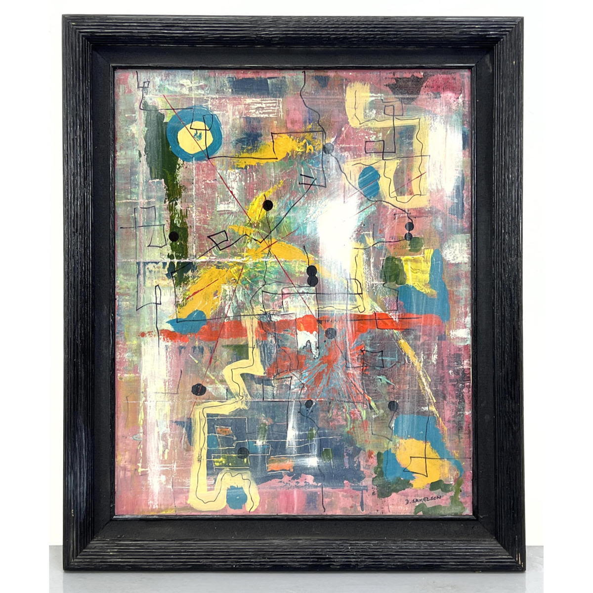 Appraisal: DENNIS SAKELSON Modernist Abstract Painting Colorful Palette with black linear