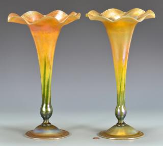 Appraisal: Tiffany Favrile Scalloped Trumpet Vases Two near matching Tiffany Favrile