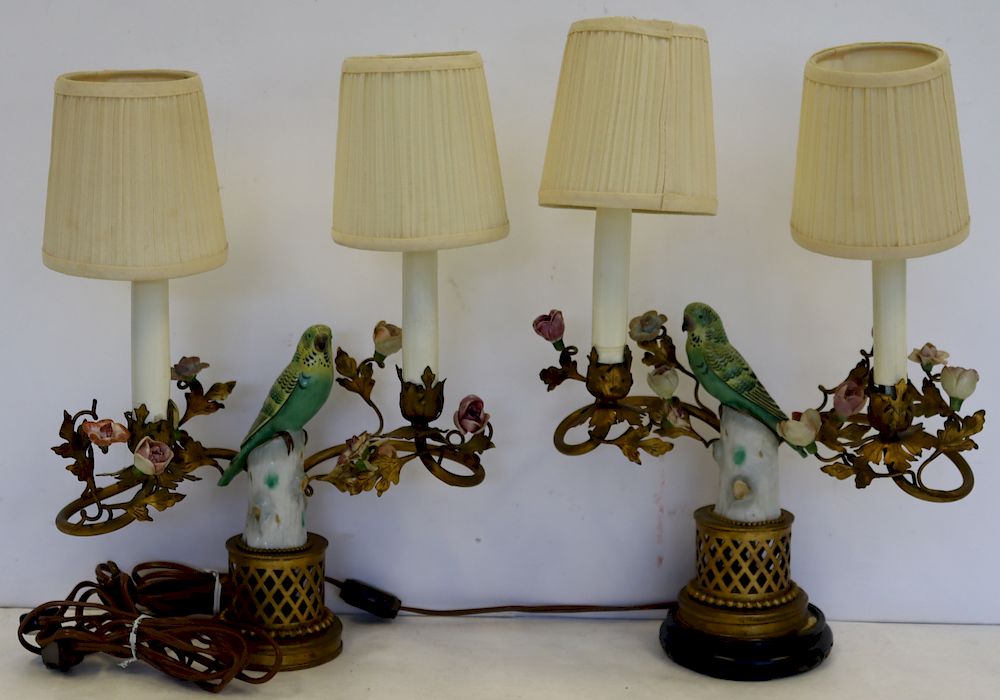 Appraisal: Pr Of Porcelain And Gilt Metal Bird lamps From an