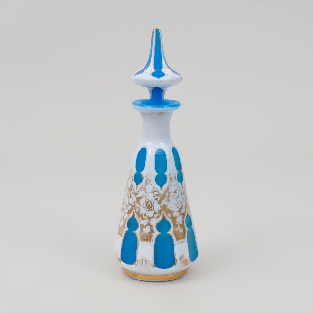 Appraisal: Gilt-Decorated Blue and White Cased Glass Scent Bottle and Stopper