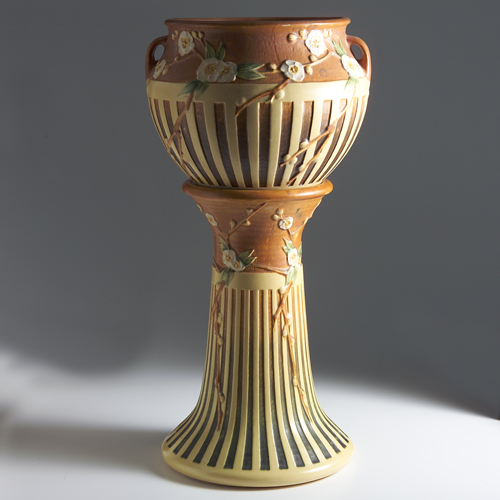 Appraisal: ROSEVILLE Brown Cherry Blossom jardiniere and pedestal set - glaze