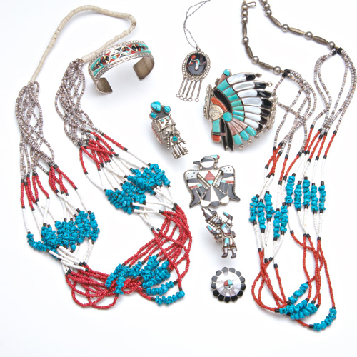 Appraisal: ZUNI Inlaid stone and silver jewelry and two bead necklaces