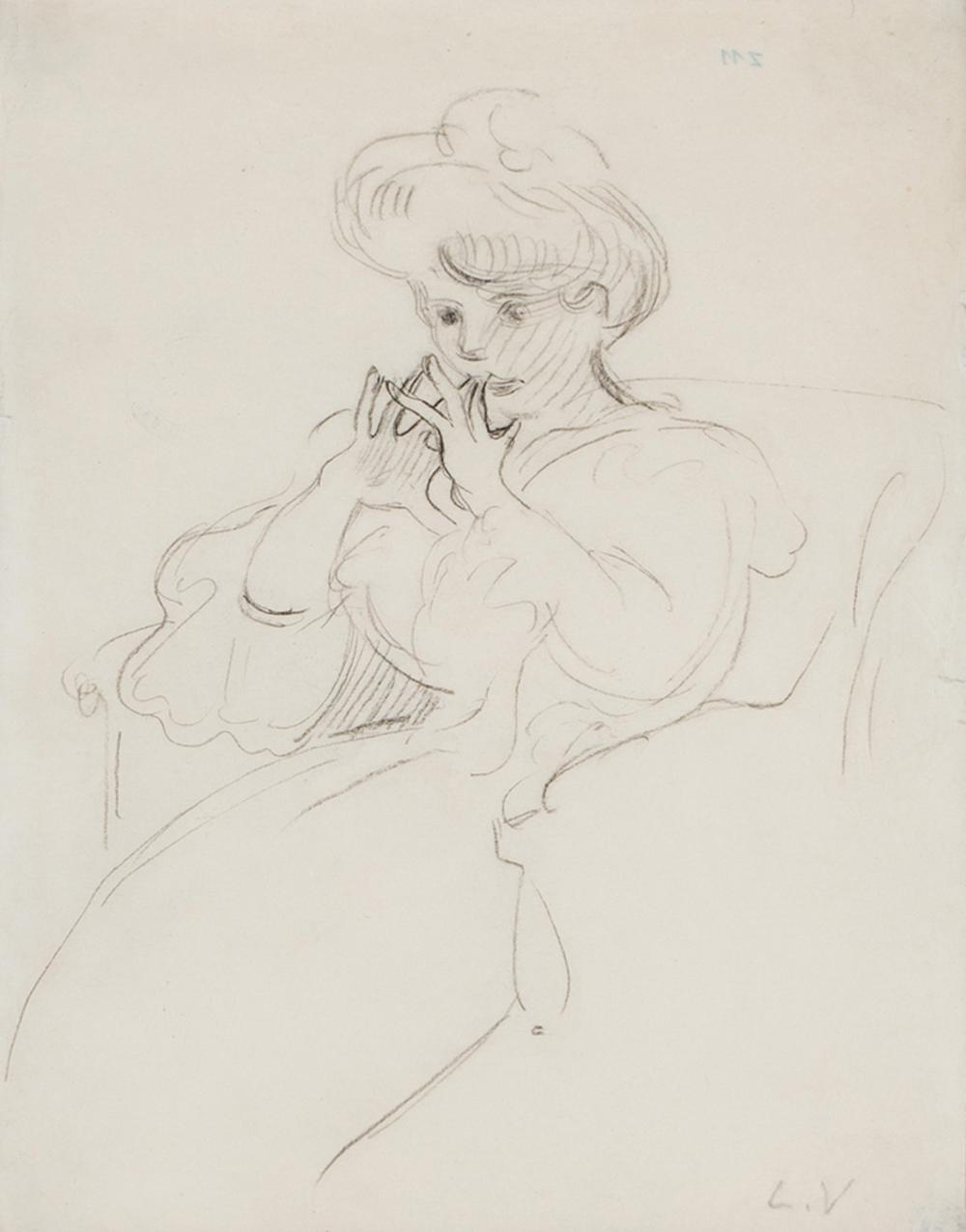 Appraisal: LOUIS VALTAT - ELEGANTE ASSISE black pencil drawing on woven