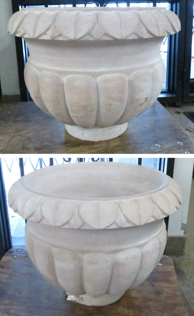 Appraisal: LARGE PAIR OF FOOTED STONE PLANTERS hand carved round with