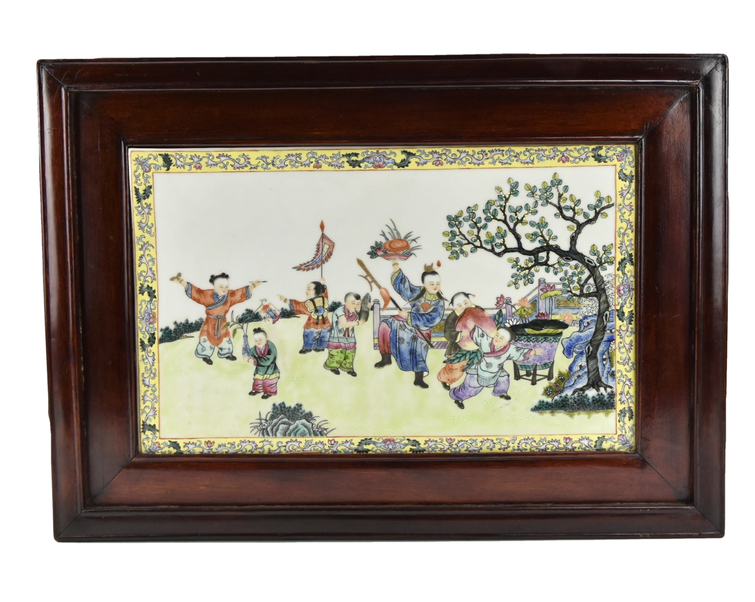 Appraisal: a famille rose plaque brightly enameled with seven child figures