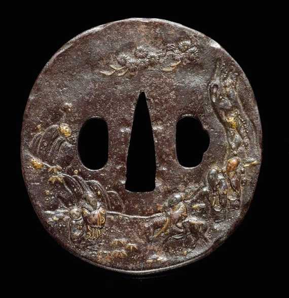 Appraisal: A IRON NAGA-MARUGATA TSUBA OF SCHOLARS IN THE MOUNTAINS Japan