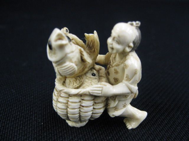 Appraisal: Carved Ivory Netsuke of Man with large basket two fish