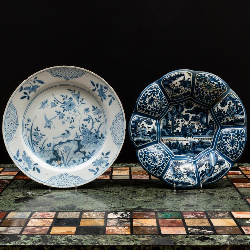 Appraisal: Two Blue and White Delft Dishes Unmarked Comprising A lobed