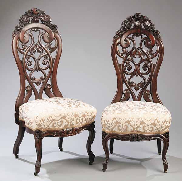 Appraisal: Two Fine American Rococo Carved Rosewood and Laminated Slipper Chairs