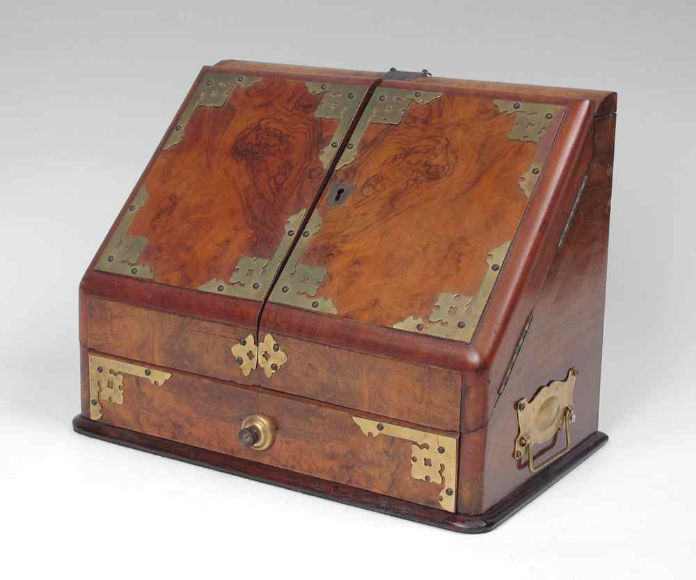 Appraisal: VICTORIAN BURL WOOD DOCUMENT BOX Burl wood veneer on doors