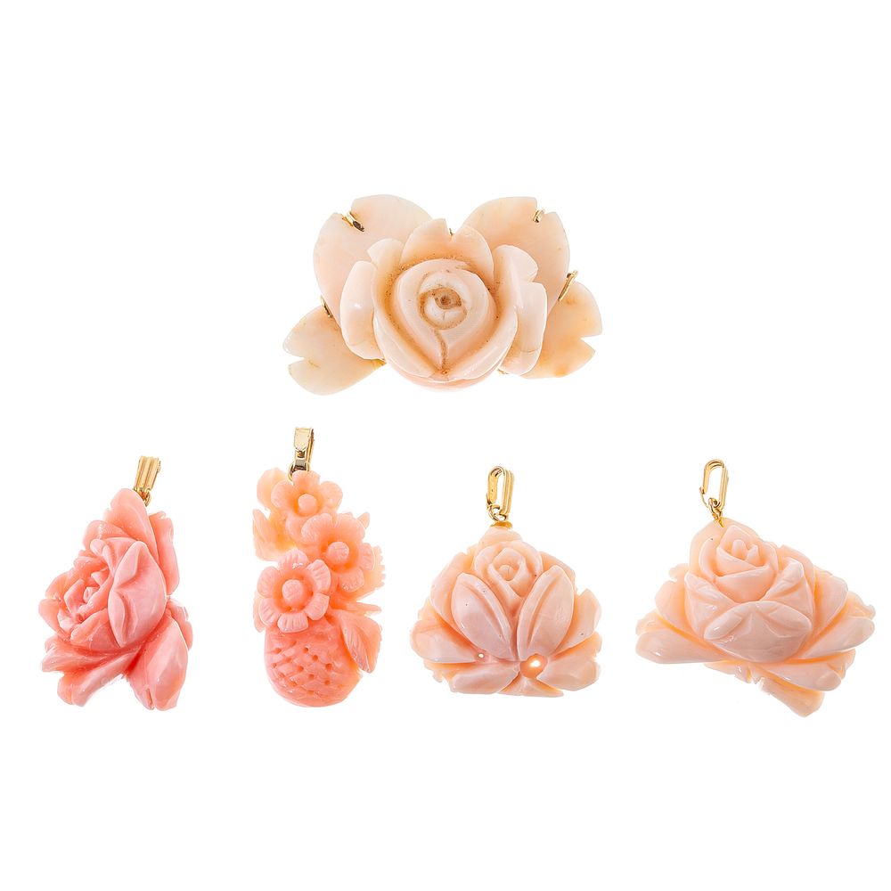 Appraisal: A Carved Angel Skin Coral Pin Floral Pendants K yellow