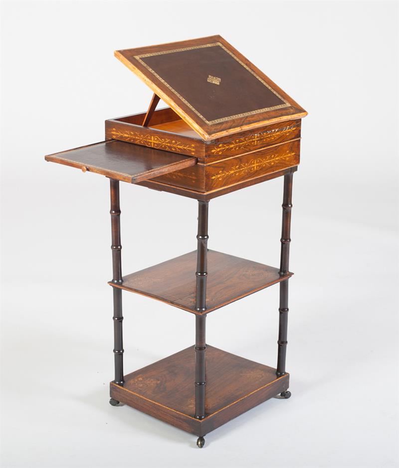 Appraisal: LOUIS PHILIPPE ROSEWOOD AND FRUITWOOD MARQUETRY WORK TABLE The hinged