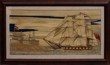 Appraisal: BRITISH WOOLWORK PICTURE Depicting a -masted ship in full sail