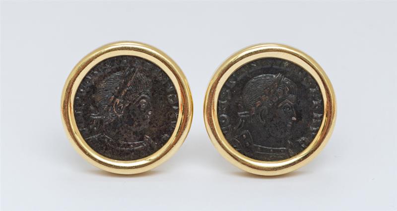 Appraisal: PAIR OF K YELLOW GOLD AND BRONZE COIN EARRINGS BY