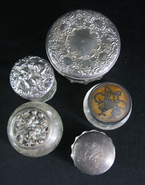 Appraisal: Five glass toilette jars with sterling silver covers