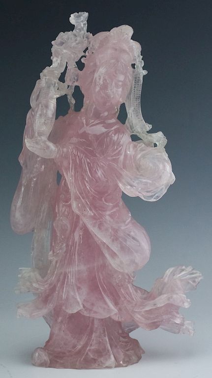 Appraisal: Chinese Carved Pink Rose Quartz Quan Yin Sculpture Exquisitely carved