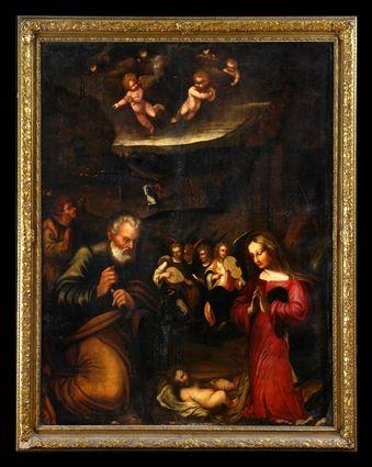 Appraisal: EUROPEAN SCHOOL NATIVITY SCENE WITH MUSICIANS Oil on canvas relined