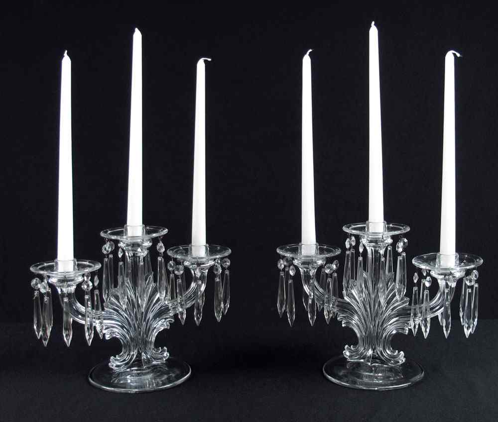 Appraisal: PAIR FOSTORIA BAROQUE CANDELABRA light crystal candleabra bobeches with prisms