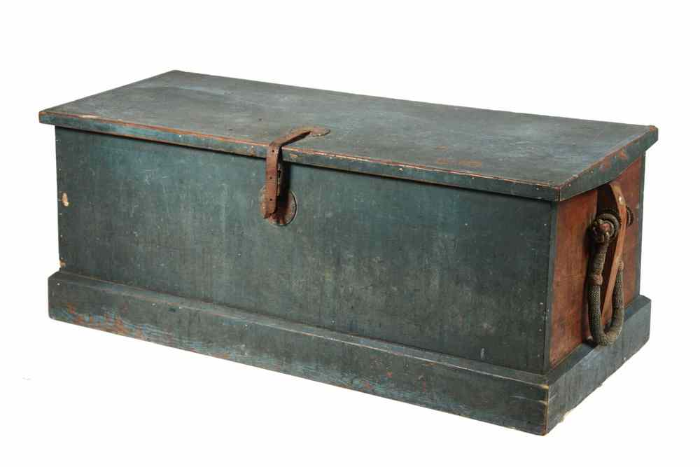 Appraisal: SEA CHEST - Exceptional early blue painted and dovetailed pine