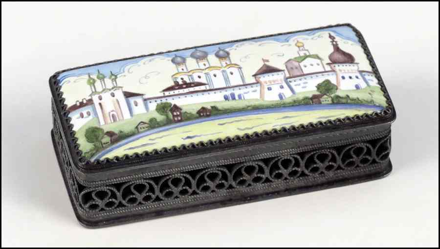 Appraisal: RUSSIAN ENAMEL BOX Lift enameled top depicts a castle scene