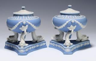 Appraisal: SCARCE WEDGWOOD JASPERWARE PASTILLE BURNERS A pair of blue and