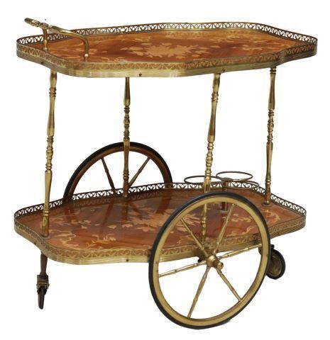 Appraisal: Italian marquetry and brass accented two-tier service trolley bar cart