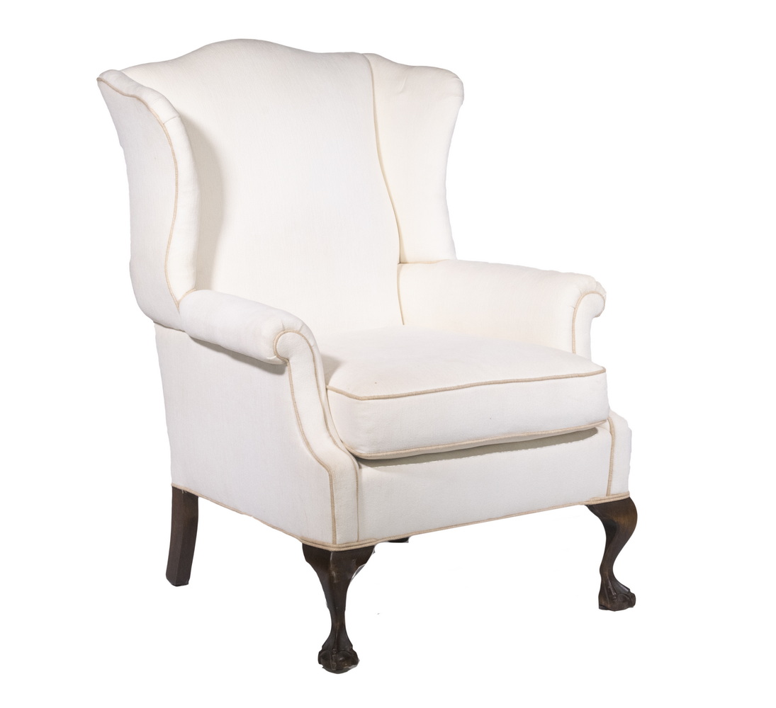 Appraisal: WINGBACK CHAIR Custom Crafted Chippendale Style Armchair with off white