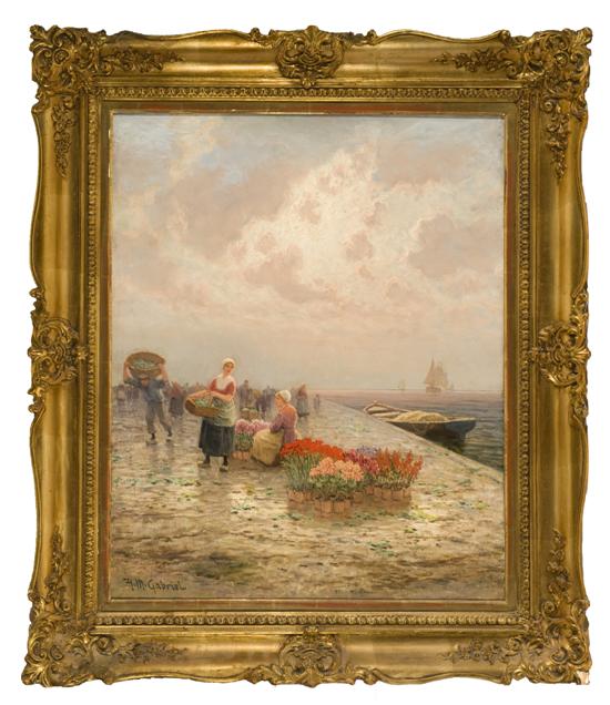 Appraisal: Oil on canvas of women selling flowers beside the water