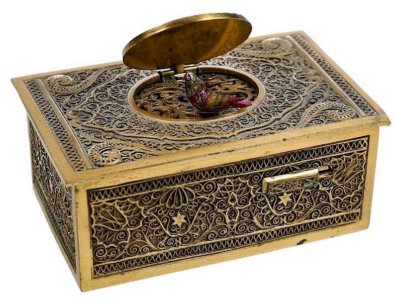 Appraisal: Gilt Automaton Box with Singing Bird probably German early th