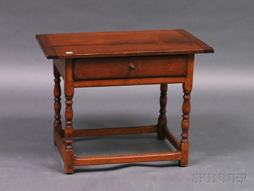 Appraisal: Country Pine and Maple One-drawer Stretcher-base Tavern Table with breadboard