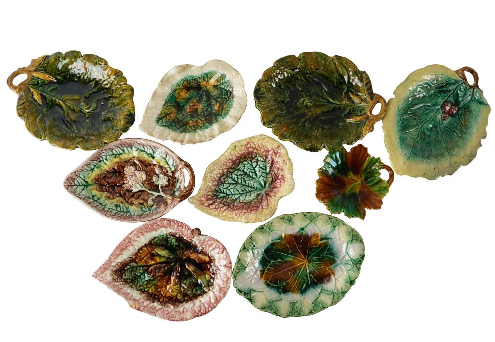 Appraisal: NINE MAJOLICA LEAF DISHESmost unmarked some with impressed or painted