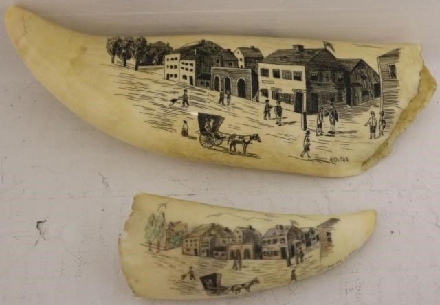 Appraisal: TWO TH C SCRMSHAW WHALE TEETH BY NEW BEDFORDSCRIMSHAW ARTIST