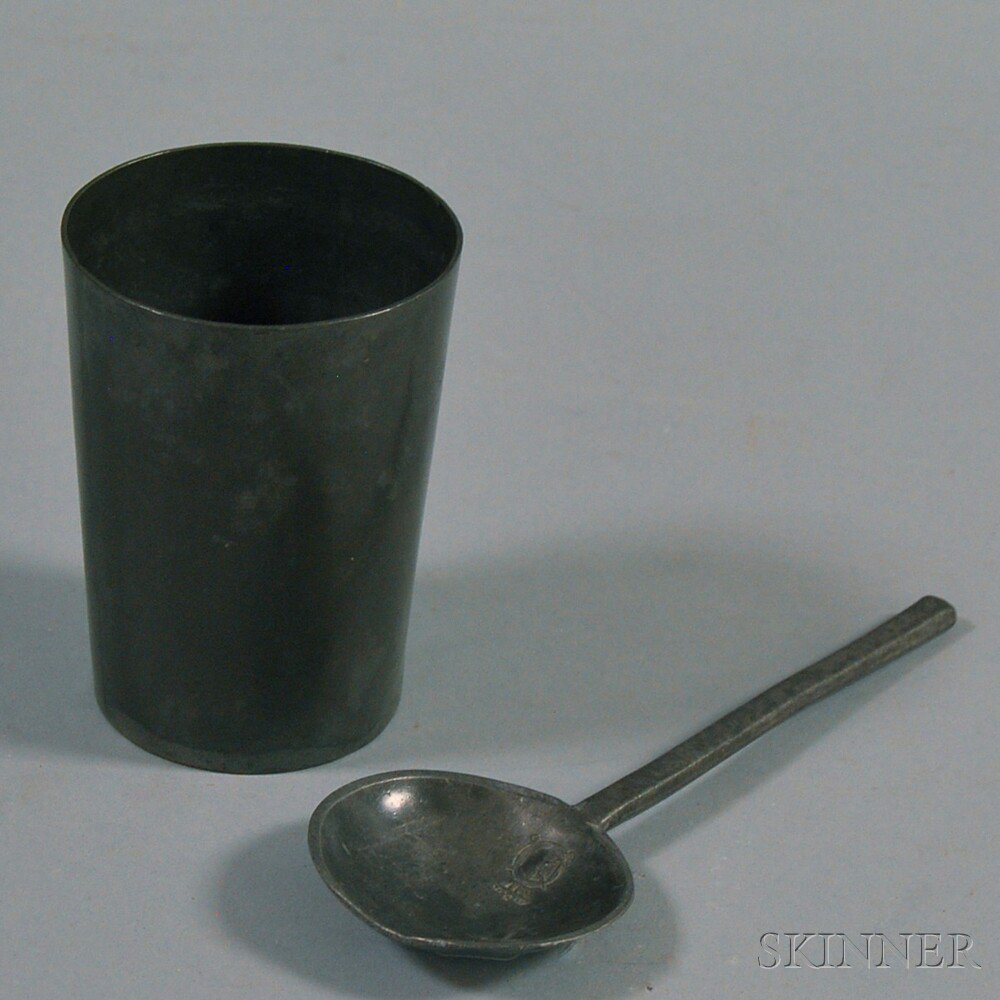 Appraisal: Pewter Beaker and English Pewter Soupspoon the beaker unmarked the