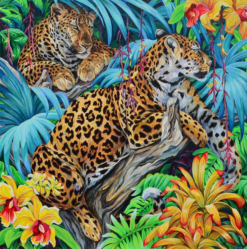 Appraisal: ILLEGIBLY SIGNED CONTEMPORARY PAINTING OF A JAGUAR FAMILY Oil Masonite