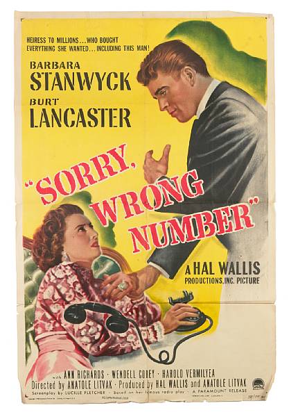 Appraisal: Sorry Wrong Number Paramount one-sheet condition B- folded x in