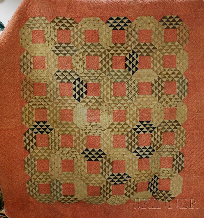 Appraisal: Hand-stitched Pieced Cotton Geometric Pattern Quilt x in