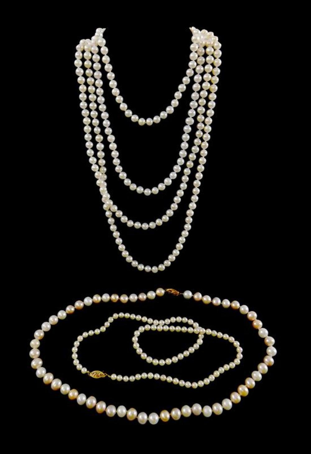 Appraisal: JEWELRY Three strands of pearls inch long freshwater pearl necklace